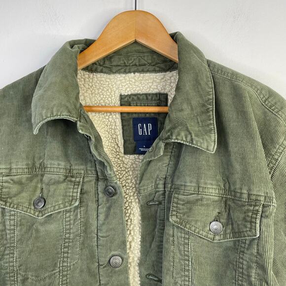 Vintage Gap Y2K 2003 Olive Green Corduroy Sherpa Lined Trucker Jacket mens L - Picture 2 of 14